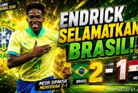Endrick merayakan gol kemenangan Brasil saat mengalahkan Mesir 2-1 dalam laga FIFA Matchday jelang Piala Dunia 2026