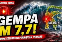Peta peringatan dini tsunami BMKG setelah gempa bumi Magnitudo 7,7 mengguncang wilayah barat laut Pulau Karatung, Sulawesi Utara, Senin 8 Juni 2026