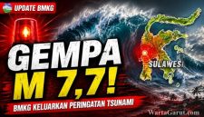 Peta peringatan dini tsunami BMKG setelah gempa bumi Magnitudo 7,7 mengguncang wilayah barat laut Pulau Karatung, Sulawesi Utara, Senin 8 Juni 2026