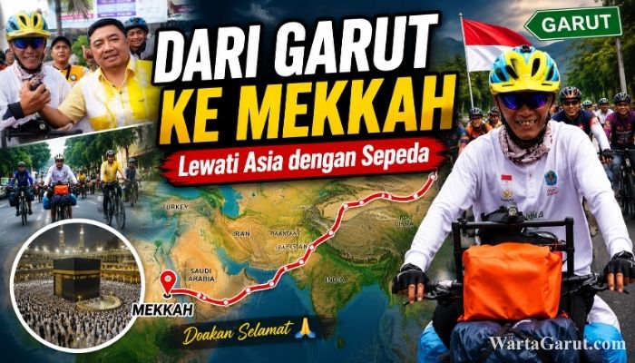 Bupati Garut Abdusy Syakur Amin melepas keberangkatan Asep Akung yang memulai perjalanan bersepeda menuju Mekkah melalui jalur Asia dari Pendopo Kabupaten Garut, Minggu (14/6/2026).