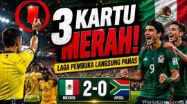 Pemain Timnas Meksiko merayakan gol saat mengalahkan Afrika Selatan 2-0 pada laga pembuka Grup A Piala Dunia 2026 di Estadio Azteca, Jumat (12/6/2026).