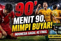 Pemain Timnas Indonesia U-19 bereaksi kecewa setelah kebobolan gol menit ke-90 saat menghadapi Australia pada semifinal Piala AFF U-19 2026 di Stadion Utama Sumatera Utara, Deli Serdang. (Ilustrasi AI)