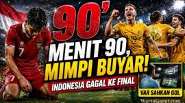 Pemain Timnas Indonesia U-19 bereaksi kecewa setelah kebobolan gol menit ke-90 saat menghadapi Australia pada semifinal Piala AFF U-19 2026 di Stadion Utama Sumatera Utara, Deli Serdang. (Ilustrasi AI)