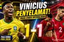 Caption Foto Vinicius Junior merayakan gol penyama kedudukan saat Brasil bermain imbang 1-1 melawan Maroko pada laga Grup C Piala Dunia 2026 di Stadion MetLife, New Jersey.