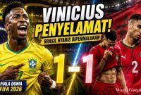 Caption Foto Vinicius Junior merayakan gol penyama kedudukan saat Brasil bermain imbang 1-1 melawan Maroko pada laga Grup C Piala Dunia 2026 di Stadion MetLife, New Jersey.