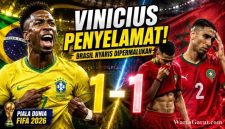 Caption Foto Vinicius Junior merayakan gol penyama kedudukan saat Brasil bermain imbang 1-1 melawan Maroko pada laga Grup C Piala Dunia 2026 di Stadion MetLife, New Jersey.