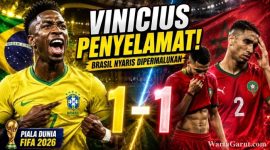 Caption Foto  Vinicius Junior merayakan gol penyama kedudukan saat Brasil bermain imbang 1-1 melawan Maroko pada laga Grup C Piala Dunia 2026 di Stadion MetLife, New Jersey.