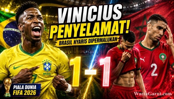 Caption Foto Vinicius Junior merayakan gol penyama kedudukan saat Brasil bermain imbang 1-1 melawan Maroko pada laga Grup C Piala Dunia 2026 di Stadion MetLife, New Jersey.