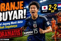 Pemain Jepang merayakan gol penyeimbang Daichi Kamada pada menit ke-89 saat menahan imbang Belanda 2-2 dalam laga Grup F Piala Dunia 2026 di Dallas Stadium, Arlington.