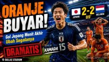 Pemain Jepang merayakan gol penyeimbang Daichi Kamada pada menit ke-89 saat menahan imbang Belanda 2-2 dalam laga Grup F Piala Dunia 2026 di Dallas Stadium, Arlington.
