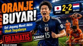 Pemain Jepang merayakan gol penyeimbang Daichi Kamada pada menit ke-89 saat menahan imbang Belanda 2-2 dalam laga Grup F Piala Dunia 2026 di Dallas Stadium, Arlington.