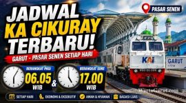Rangkaian KA Cikuray bersiap berangkat dari Stasiun Garut menuju Pasar Senen Jakarta setelah resmi menggunakan formasi baru Kereta Ekonomi Kerakyatan dan Kereta Petani-Pedagang.