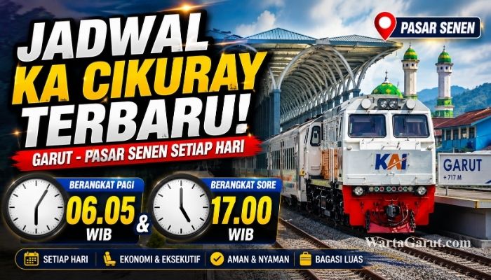 Rangkaian KA Cikuray bersiap berangkat dari Stasiun Garut menuju Pasar Senen Jakarta setelah resmi menggunakan formasi baru Kereta Ekonomi Kerakyatan dan Kereta Petani-Pedagang.
