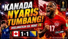 Cyle Larin merayakan gol penyeimbang Kanada saat menghadapi Bosnia dan Herzegovina pada laga Grup B FIFA World Cup 2026.