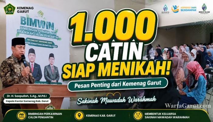 Kepala Kantor Kementerian Agama Kabupaten Garut, Dr. H. Saepulloh, S.Ag., M.Pd.I., memberikan materi kepada 1.000 calon pengantin dalam kegiatan Bimbingan Perkawinan (Bimwin) di Islamic Center Garut.