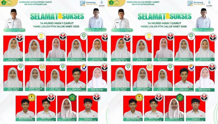 Kepala MAN 1 Garut, Drs. H. Sarip Asbuloh, M.PMat., menyampaikan apresiasi atas keberhasilan 14 murid MAN 1 Garut yang lolos ke Perguruan Tinggi Negeri melalui jalur SNBT 2026.