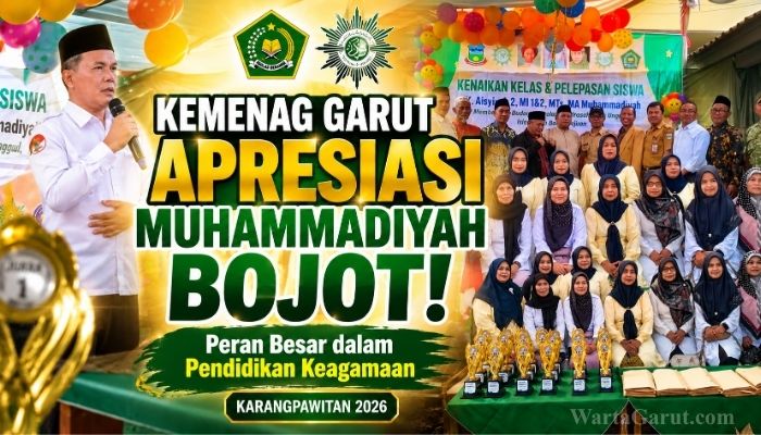 Kepala Seksi PAIS Kemenag Kabupaten Garut, H. Miftah Zaelani, S.Ag., saat menghadiri acara kenaikan kelas dan pelepasan siswa di Perguruan Muhammadiyah Bojot, Karangpawitan, Senin (15/6/2026), sekaligus menyampaikan apresiasi atas kontribusi Muhammadiyah dalam mendukung pendidikan keagamaan.
