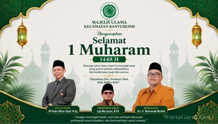 Ketua Umum MUI Kecamatan Banyuresmi, KH Badrul Munir Gojali, M.Ag., menyampaikan ucapan Selamat Tahun Baru Islam 1 Muharram 1448 Hijriah dan mengajak umat Islam memperkuat ukhuwah, memperbanyak amal kebaikan, serta meraih ridha Allah SWT melalui semangat hijrah.