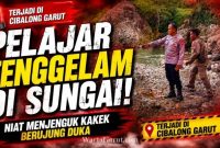 Petugas Kepolisian melakukan penanganan di lokasi Sungai Cikaengan, Kecamatan Cibalong, tempat seorang pelajar SMA asal Peundeuy ditemukan meninggal dunia akibat tenggelam.