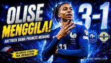 Michael Olise merayakan salah satu dari tiga golnya saat membawa Prancis menang 3-1 atas Irlandia Utara dalam laga uji coba internasional.