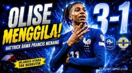 Michael Olise merayakan salah satu dari tiga golnya saat membawa Prancis menang 3-1 atas Irlandia Utara dalam laga uji coba internasional.