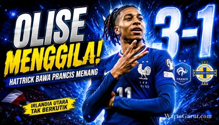 Michael Olise merayakan salah satu dari tiga golnya saat membawa Prancis menang 3-1 atas Irlandia Utara dalam laga uji coba internasional.