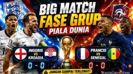 Trofi Piala Dunia dengan latar bendera negara peserta. Sejumlah laga besar seperti Inggris vs Kroasia dan Prancis vs Senegal menjadi sorotan utama fase grup Piala Dunia 2026.
