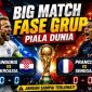 Trofi Piala Dunia dengan latar bendera negara peserta. Sejumlah laga besar seperti Inggris vs Kroasia dan Prancis vs Senegal menjadi sorotan utama fase grup Piala Dunia 2026.
