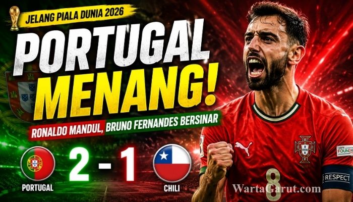 Pemain Portugal merayakan gol Bruno Fernandes saat mengalahkan Chile 2-1 dalam laga persahabatan internasional jelang Piala Dunia 2026