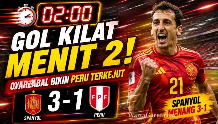 Pemain Timnas Spanyol merayakan gol saat mengalahkan Peru 3-1 dalam laga uji coba internasional, Selasa (9/6/2026).