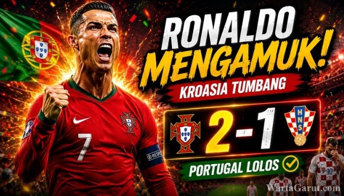 Cristiano Ronaldo merayakan gol penalti saat Portugal menang dramatis 2-1 atas Kroasia di Piala Dunia FIFA 2026