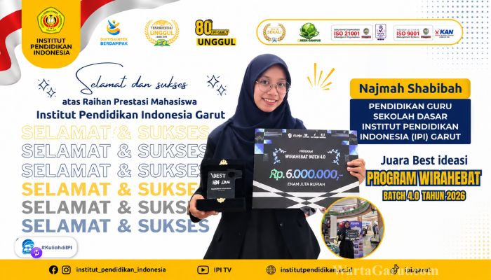 Mahasiswa IPI Garut Najmah Shabibah menerima penghargaan Juara Best Ideasi Program WiraHebat Batch 4.0 Tahun 2026.