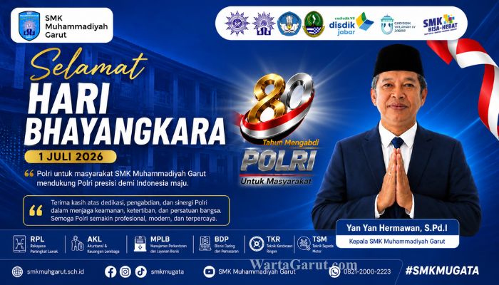 Kepala SMK Muhammadiyah Garut, Yan Yan Hermawan, S.Pd.I., menyampaikan ucapan Selamat Hari Bhayangkara ke-80 sekaligus apresiasi atas dedikasi Polri dalam menjaga keamanan, ketertiban, dan persatuan bangsa.