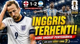 Harry Kane tampak kecewa setelah Inggris kalah 1-2 dari Argentina pada semifinal Piala Dunia 2026 di Mercedes-Benz Stadium, Atlanta.
