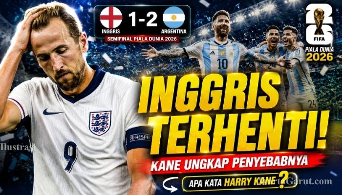 Harry Kane tampak kecewa setelah Inggris kalah 1-2 dari Argentina pada semifinal Piala Dunia 2026 di Mercedes-Benz Stadium, Atlanta.