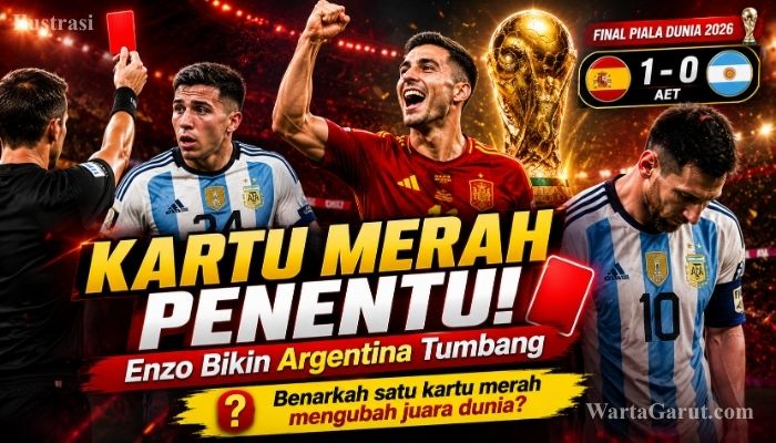 Enzo Fernández meninggalkan lapangan setelah menerima kartu merah pada menit 90+3 sebelum Ferran Torres mencetak gol yang memastikan kemenangan Spanyol atas Argentina di final Piala Dunia FIFA 2026.