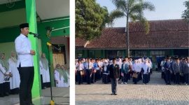 Kepala Kantor Kementerian Agama Kabupaten Garut, Dr. H. Saepulloh, S.Ag., M.Pd.I., memberikan sambutan pada pembukaan MATSAMA MAN 1 Garut di lapangan upacara MAN 1 Garut, Senin (13/7/2026).