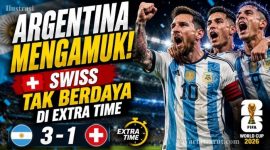 Pemain Argentina merayakan kemenangan 3-1 atas Swiss setelah memastikan tiket semifinal Piala Dunia 2026 lewat babak perpanjangan waktu.