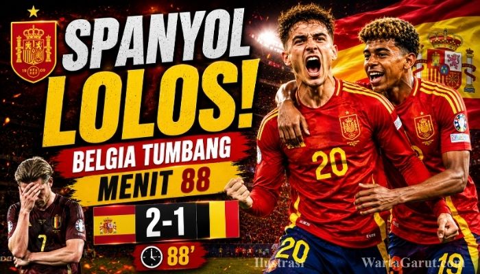 Selebrasi para pemain Spanyol usai mengalahkan Belgia 2-1 dan memastikan tiket ke semifinal Piala Dunia FIFA 2026.