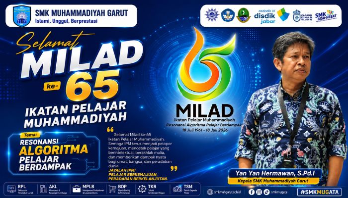 Kepala SMK Muhammadiyah Garut, Yan Yan Hermawan, S.Pd.I., menyampaikan ucapan selamat Milad ke-65 Ikatan Pelajar Muhammadiyah (IPM) sekaligus mengajak pelajar menjadi generasi yang berintelektual, berakhlak mulia, dan berdampak bagi masyarakat.