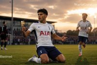 Ilustrasi selebrasi Mateus Fernandes setelah mencetak gol kemenangan Tottenham Hotspur.