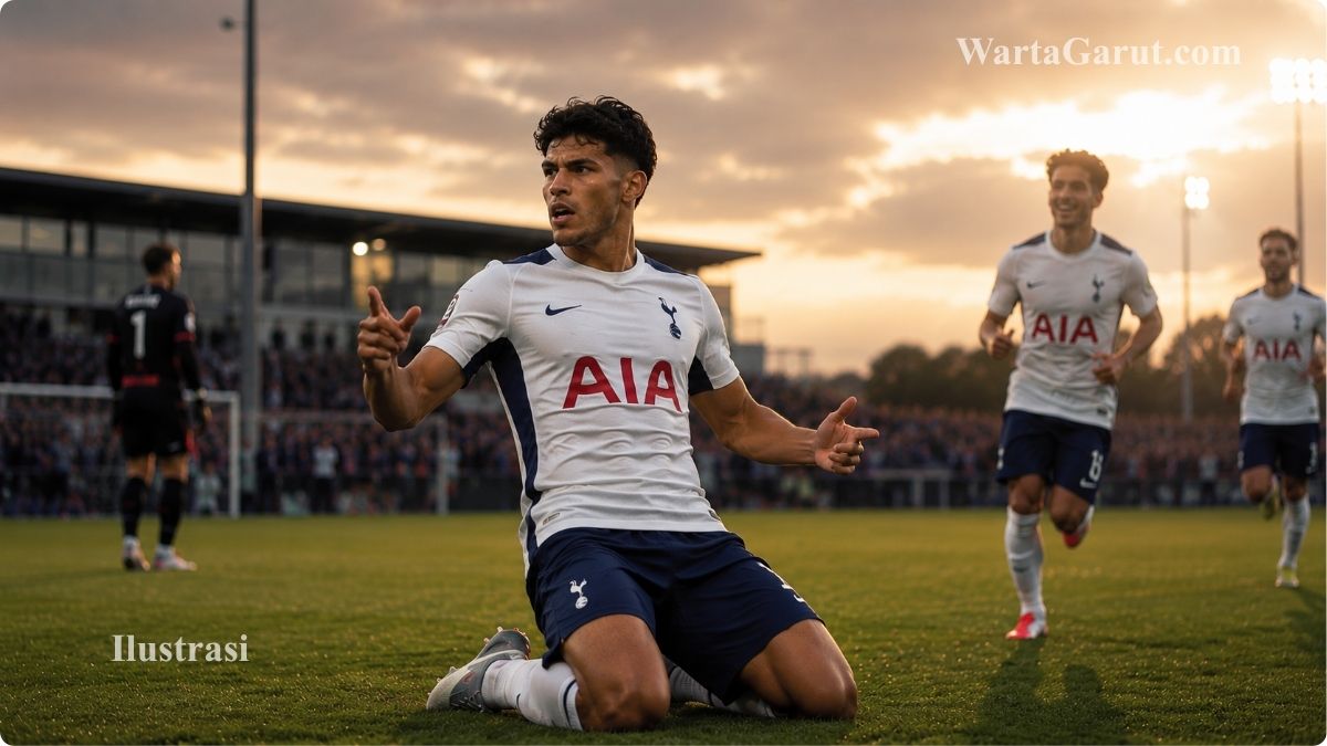 Ilustrasi selebrasi Mateus Fernandes setelah mencetak gol kemenangan Tottenham Hotspur.