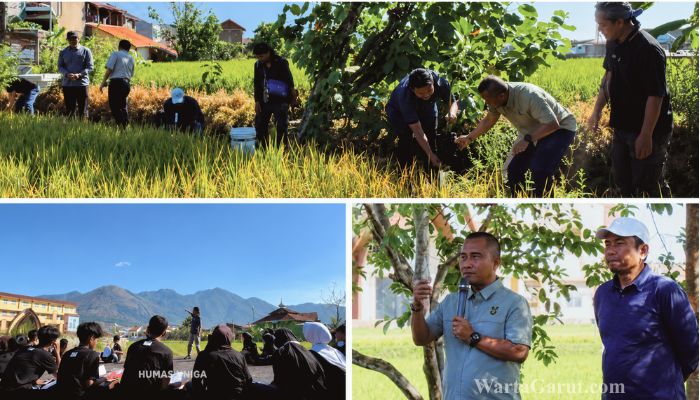 Rektor Universitas Garut (UNIGA), Dr. Irfan Nabhani, S.E., M.T., bersama peserta Kemah Bela Negara mengikuti aksi penanaman pohon yang diselenggarakan Badan Nasional Penanggulangan Terorisme (BNPT) bekerja sama dengan Jaga Tunas Indonesia di lingkungan Universitas Garut, Kamis (9/7/2026).