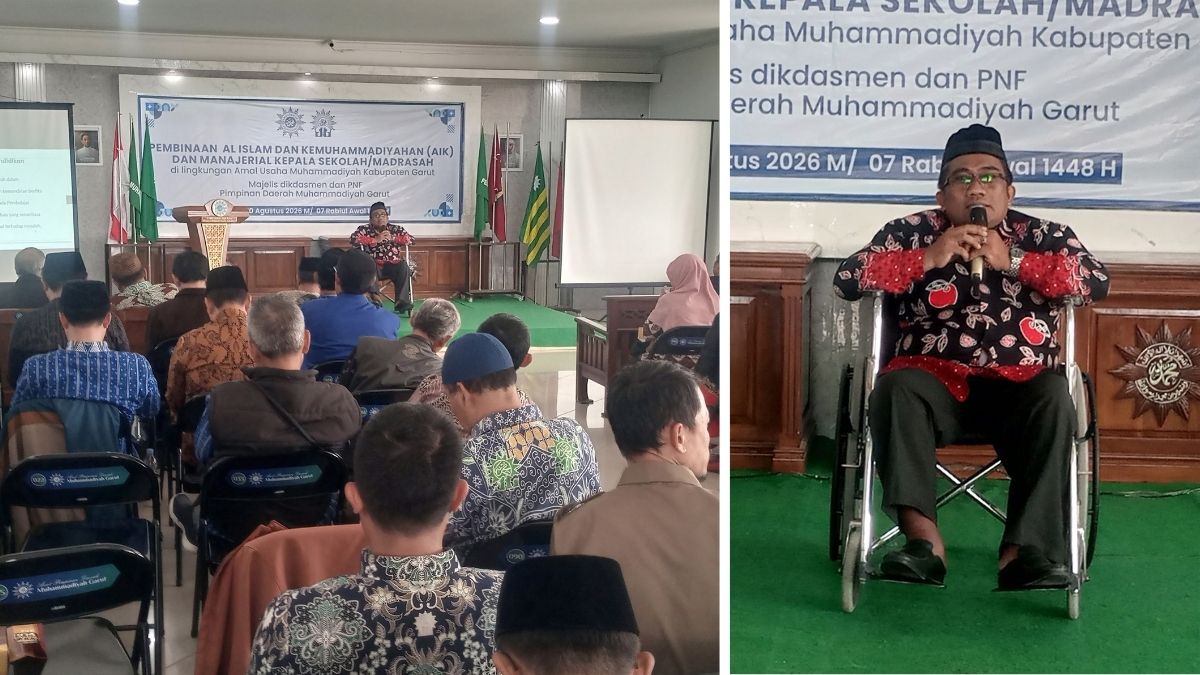 Ketua PDM Garut Dr. Agus Rahmat Nugraha saat memberikan pembinaan Al-Islam dan Kemuhammadiyahan kepada kepala sekolah dan madrasah di Gedung Dakwah Muhammadiyah Garut, Kamis (20/8/2026).