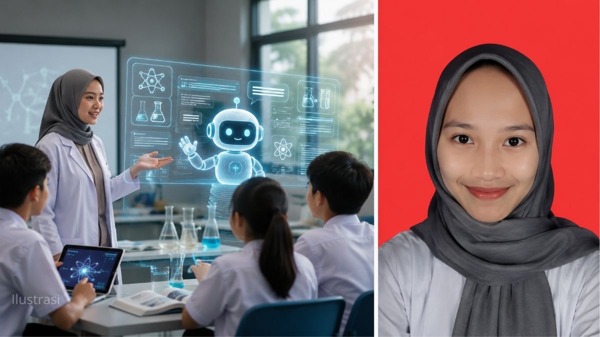 Ilustrasi penggunaan chatbot AI sebagai pendamping pembelajaran sains di sekolah Indonesia.