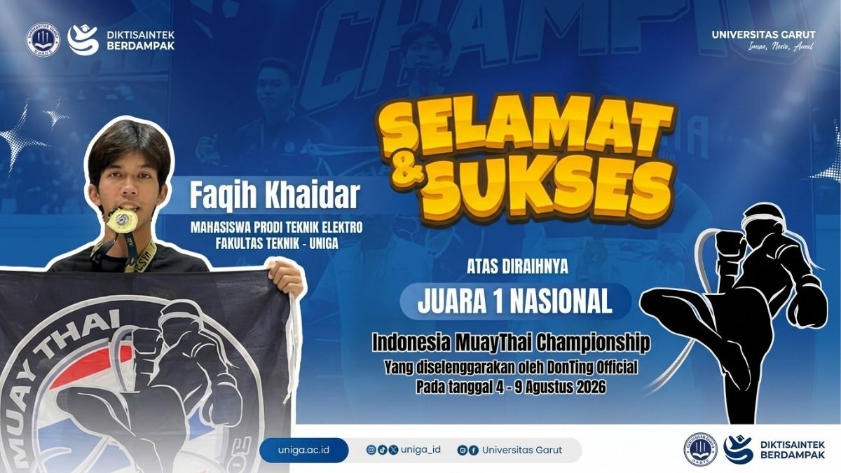 Faqih Khaidar, mahasiswa Teknik Elektro Fakultas Teknik UNIGA, meraih Juara 1 Nasional pada Indonesia MuayThai Championship 2026.