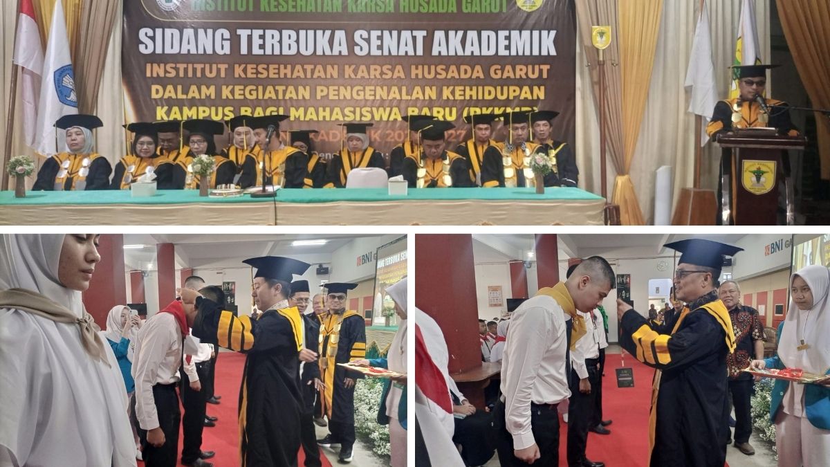 Rektor Institut Kesehatan Karsa Husada Garut Dr. Iwan Wahyudi saat kegiatan PKKMB Tahun Akademik 2026/2027 di Aula Kampus 2 IKKHG, Rabu (19/8/2026).