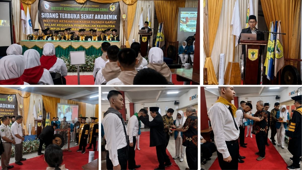 Ketua Dewan Pembina Yayasan Dharma Husada Insani Garut Dr. H. Hadiat, MA, menyampaikan arah pengembangan IKKHG dalam PKKMB Tahun Akademik 2026/2027, Rabu (19/8/2026).