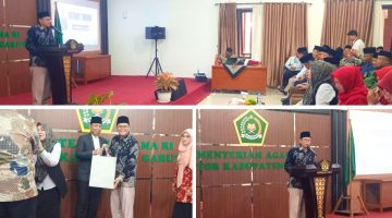 Kepala MAN 1 Garut Drs. H. Sarip Asbuloh, M.PMat., menyampaikan sambutan mewakili madrasah Kabupaten Garut dalam Paturay Tineung Saepulloh, Jumat (21/8/2026).