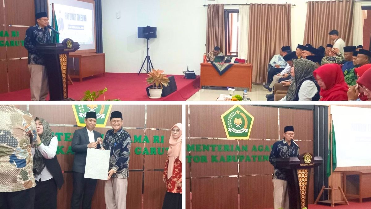 Kepala MAN 1 Garut Drs. H. Sarip Asbuloh, M.PMat., menyampaikan sambutan mewakili madrasah Kabupaten Garut dalam Paturay Tineung Saepulloh, Jumat (21/8/2026).